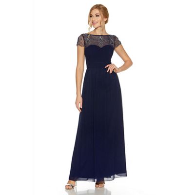 Navy embroidered cap sleeve maxi dress